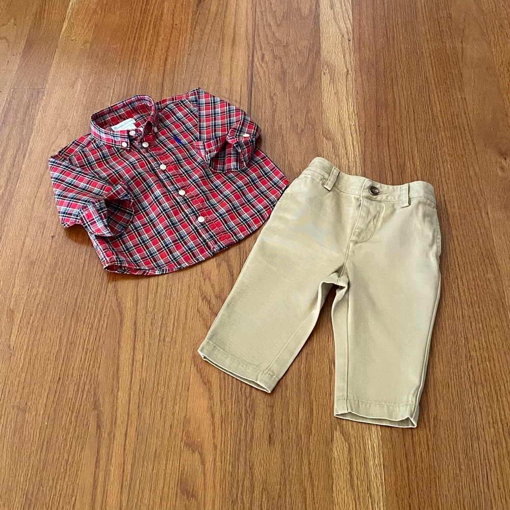 Ralph Lauren Plaid Cotton Poplin Long sleeves Shirt and Polo Chino Pants Set